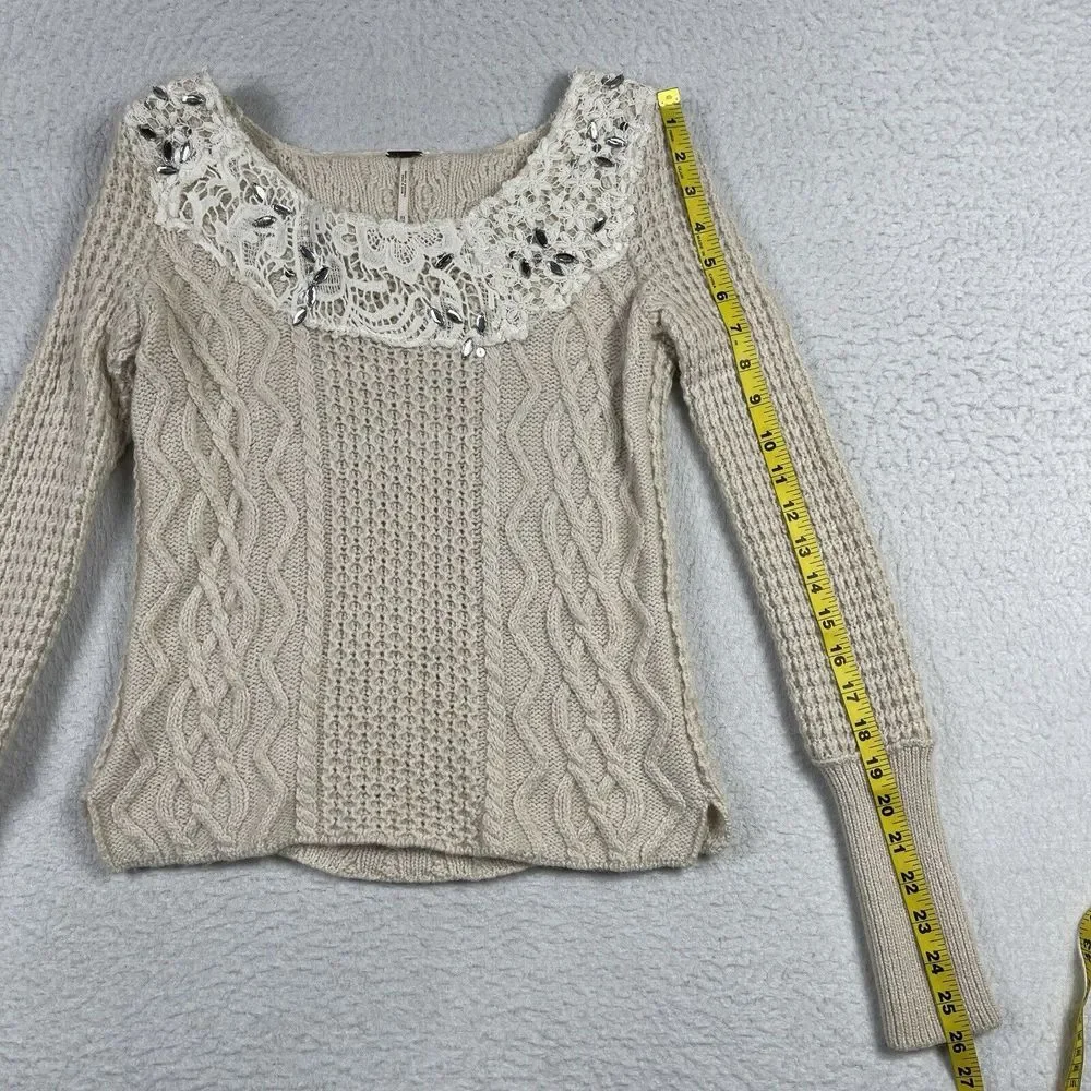 Free People Sweater Womens XS‎ Cream Cable Knit Lace Embellished Scoop Neck